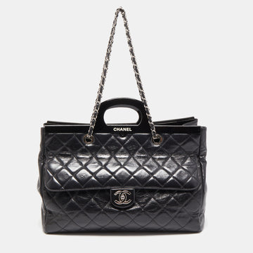 CHANEL Black Quilted Glazed Leather Large CC Delivery Tote