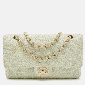 CHANEL Light Green Tweed Medium Classic Double Flap Bag