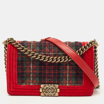 CHANEL Red/Green Quilted Tweed and Velvet Medium Boy Flap Bag