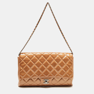 CHANEL Beige Quilted Patent Leather Classic Flap Shoulder Bag