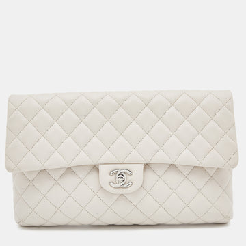 CHANEL Off White Quilted Caviar Leather Flap Clutch