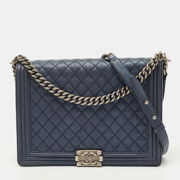 CHANEL Navy Blue Quilted Leather Large Boy Flap Bag