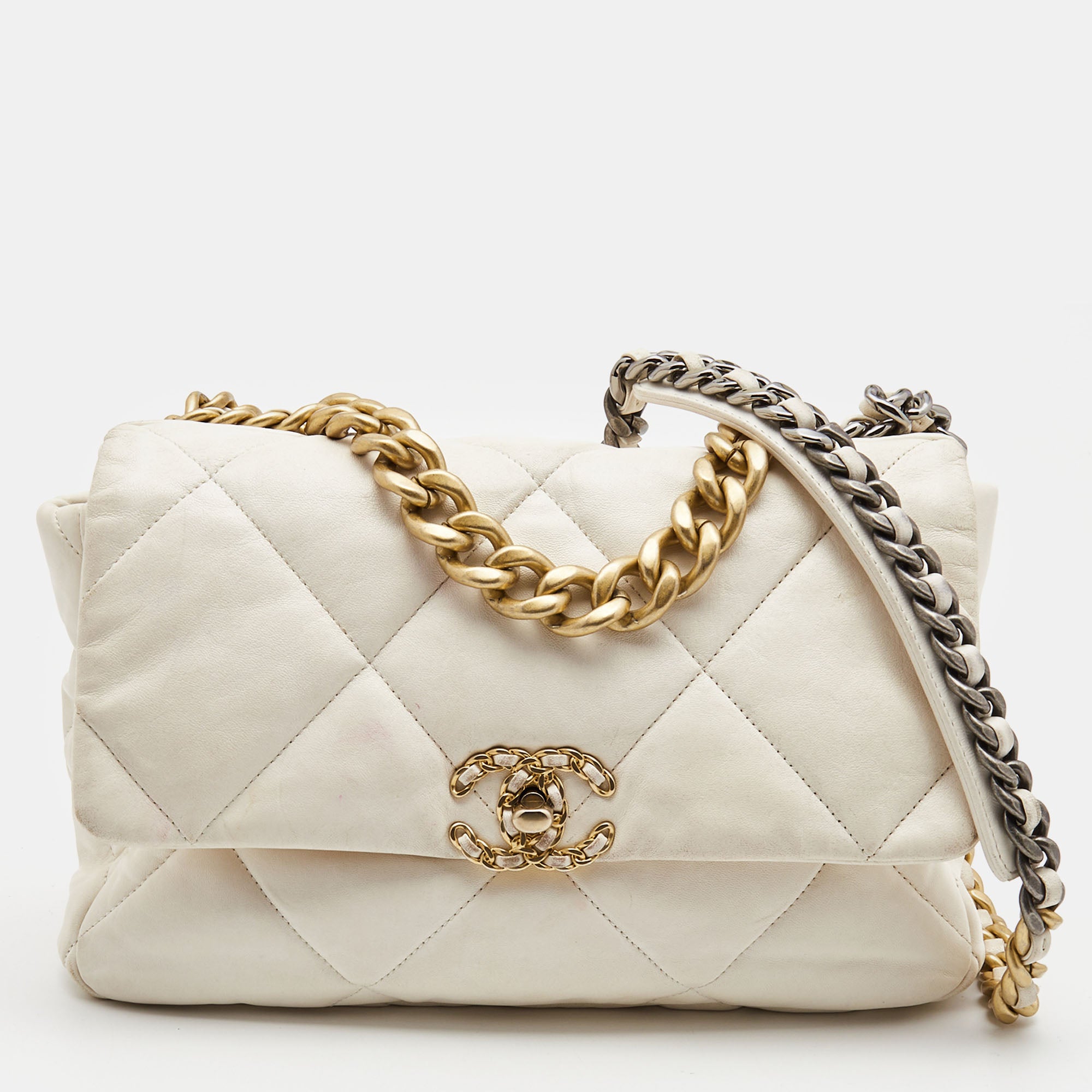 CHANEL Off White Quilted Leather Large 19 Flap Bag