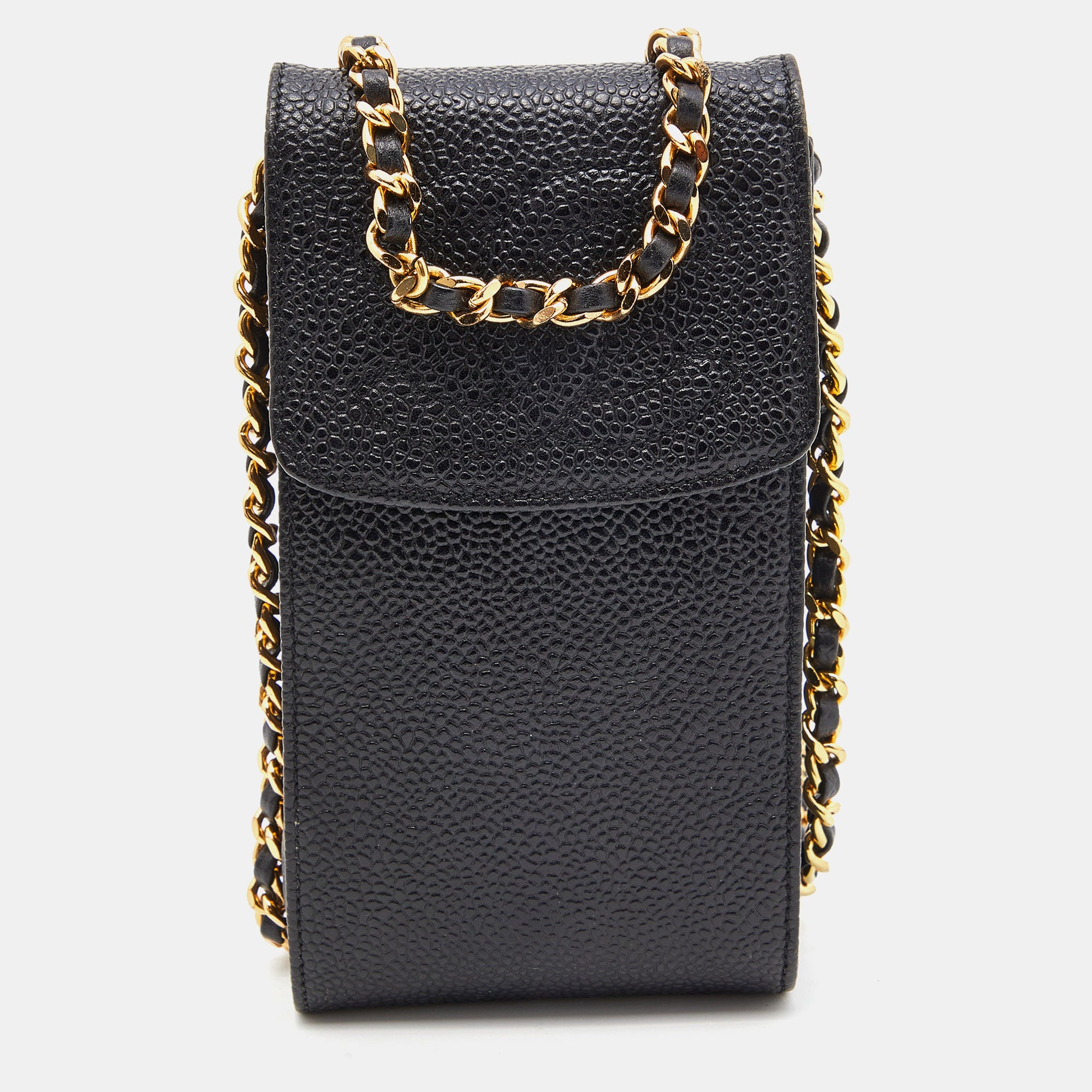 CHANEL Black Caviar Quilted Leather Vintage Flap Chain Phone Case