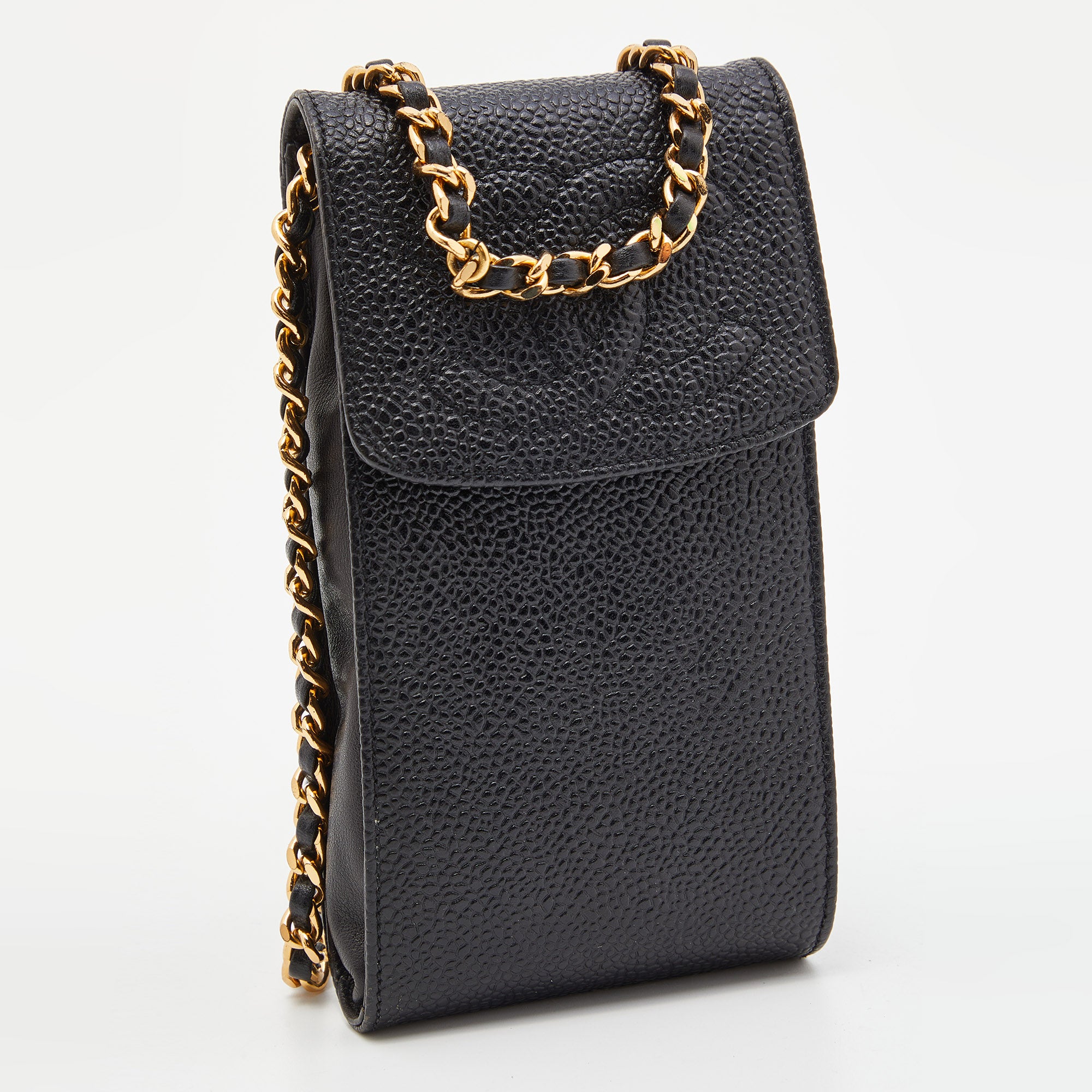 CHANEL Black Caviar Quilted Leather Vintage Flap Chain Phone Case