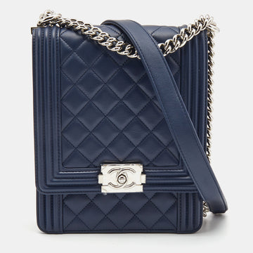 CHANEL Blue Quilted Leather North South Boy Shoulder Bag