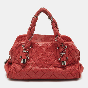 CHANEL Red Quilted Leather Lady Braid Bowler Bag