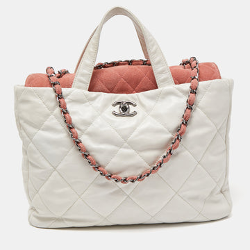 CHANEL White/Pink Quilted Leather And Suede Portobello Tote