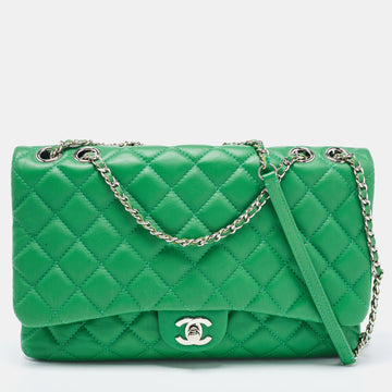 CHANEL Green Quilted Leather 3 Compartment Classic Flap Bag