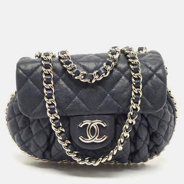 CHANEL Navy Blue Quilted Leather CC Chain Around Flap Bag