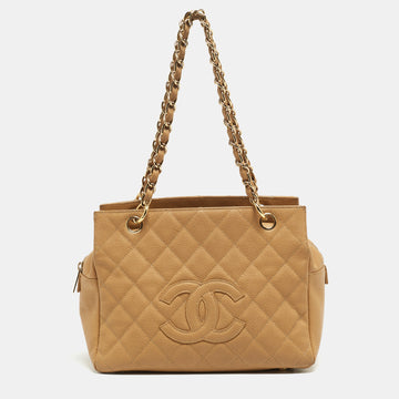 CHANEL Beige Quilted Caviar Leather Petite Timeless Shopper Tote