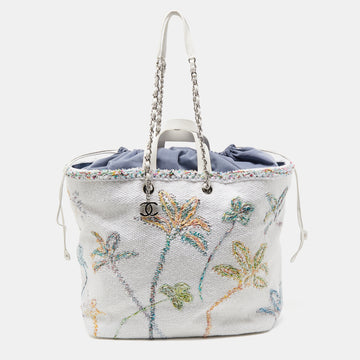 CHANEL White/Multicolor Knitted Floral Fabric Large Drawstring Shopper Tote