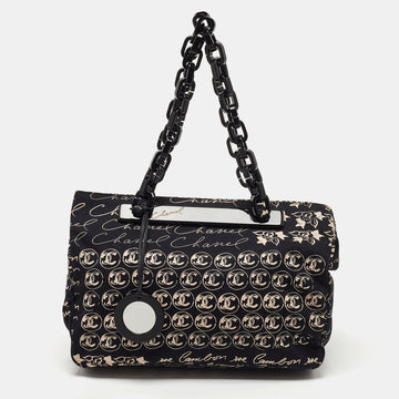 CHANEL Black/White Printed Canvas Chain Link Tote