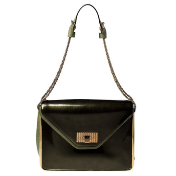 Chloe Olive Green Leather and Patent Leather Medium Sally Flap Shoulder Bag