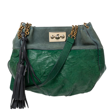 Chloe Green Crinkled Leather and Suede Tassel Chain Hobo