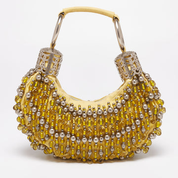 Chloe Yellow Canvas Beaded Embellished Crescent Hobo