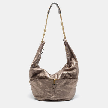 Chloe Metallic Grey Leather Milton Triple Chain Hobo Bag