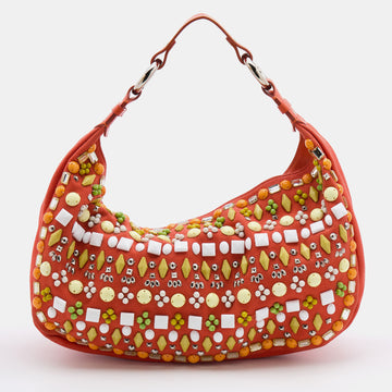 Chloe Orange Canvas Beads Embellished Hobo