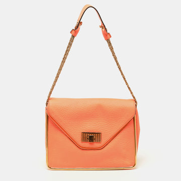 CHLOE Orange Pebbled Leather Medium Sally Flap Shoulder Bag