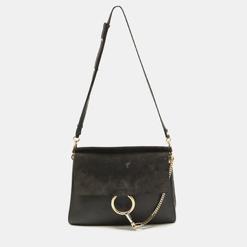 Chloe Dark Grey Suede and Leather Medium Faye Shoulder Bag