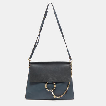 CHLOE Dark Grey Leather and Suede Medium Faye Shoulder Bag