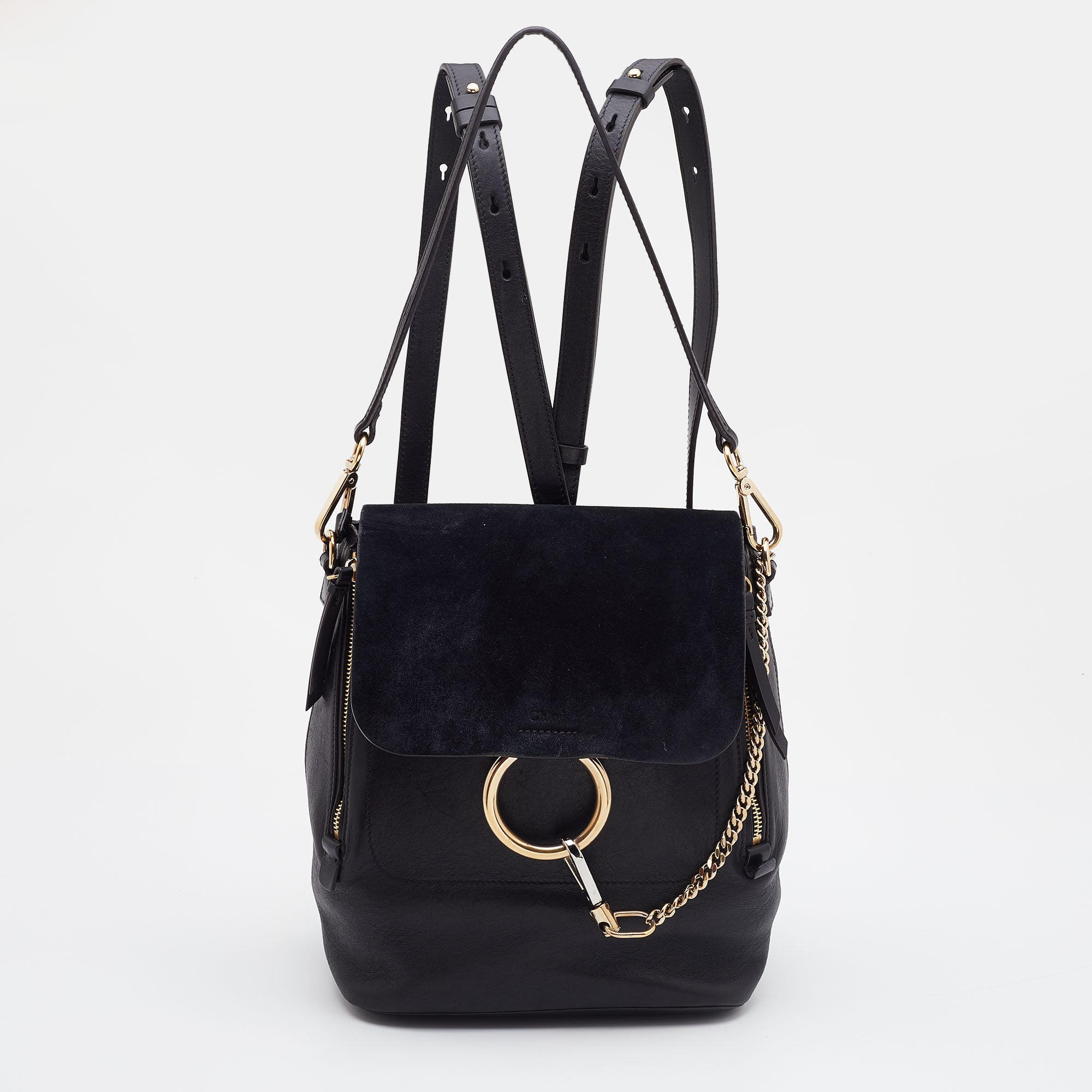 CHLOE Black Leather and Suede Medium Faye Backpack