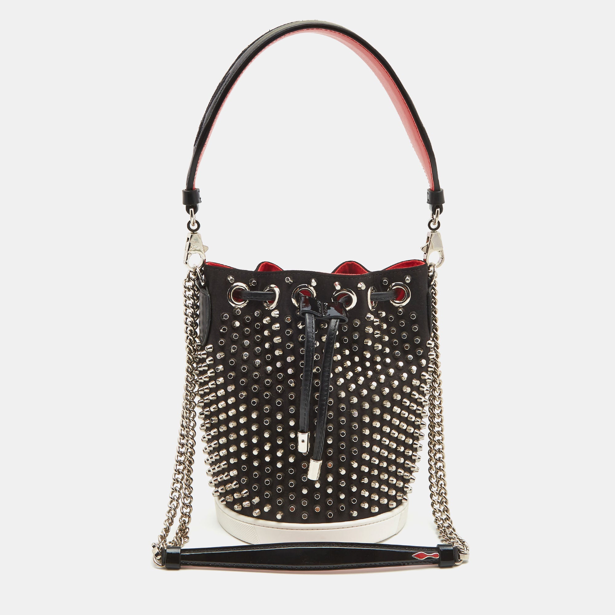 CHRISTIAN LOUBOUTIN Black Satin Studded Marie Jane Bucket Bag