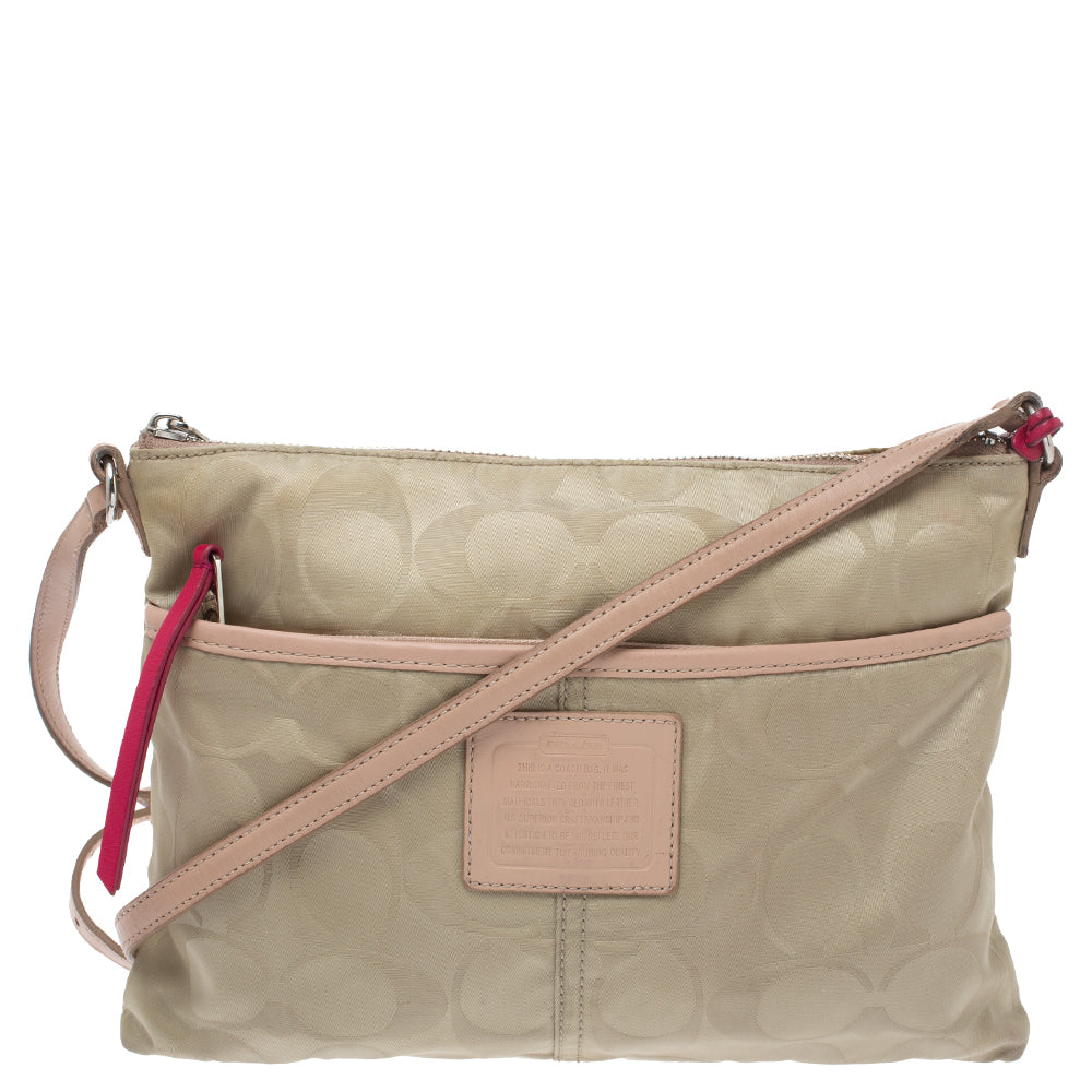 COACH Beige Pink Nylon and Leather Crossbody Bag