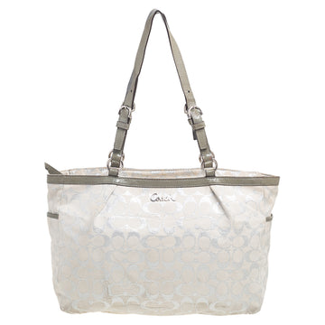 COACH Metallic Grey/Silver Signature Canvas and Patent Leather Tote