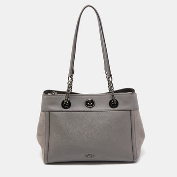 COACH Grey Leather and Suede Turnlock Edie Carryall Tote