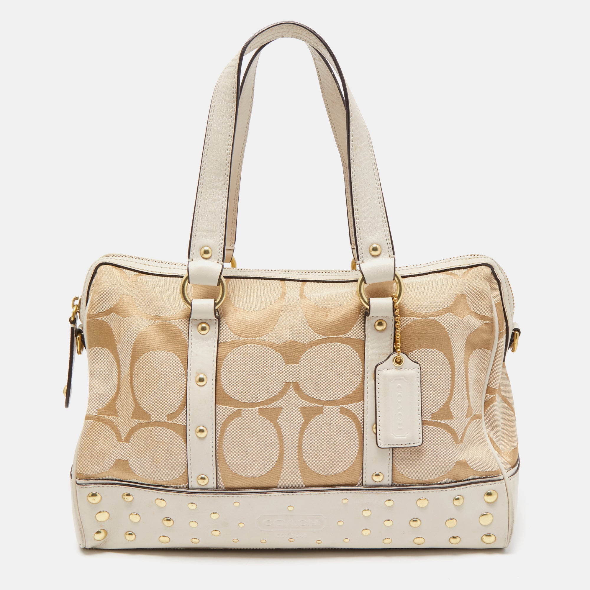 COACH Beige Cream Signature Canvas and Leather Studded Satchel