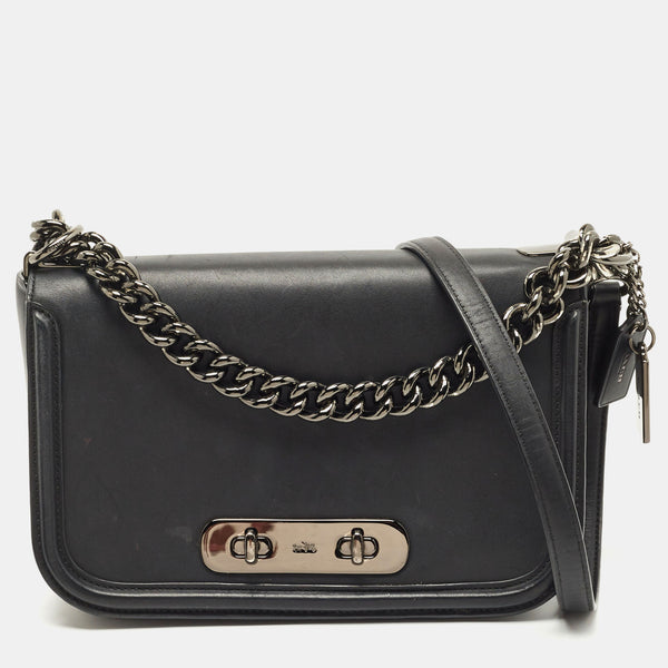 COACH Black Leather Swagger Flap Crossbody Bag