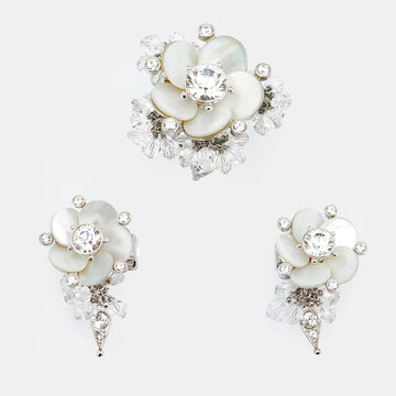 DIOR Crystal Beaded Flower Silver Tone Metal Clip On Earrings and Cocktail Ring Set