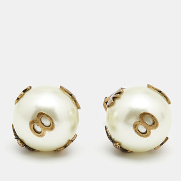 DIOR Tribales Aged Gold Tone Faux Pearl Asymmetric Earrings