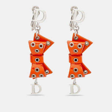 DIOR Orange Bow Patent Leather Drop Earrings
