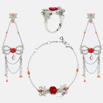 DIOR Silver Tone Floral Resin Crystal Bow Detail Jewelery Set