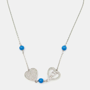 DIOR Silver Tone Crystal Heart & Blue Bead Necklace