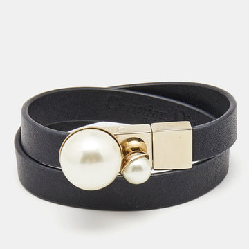 DIOR Mise En  Leather Faux Pearl Gold Tone Double Wrap Bracelet