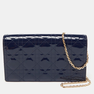 DIOR Navy Blue Cannage Patent Leather Lady  Chain Clutch