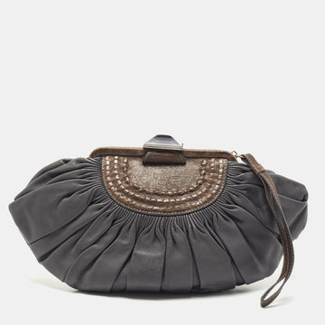 DIOR Grey/Brown Pleated Leather Frame Clutch