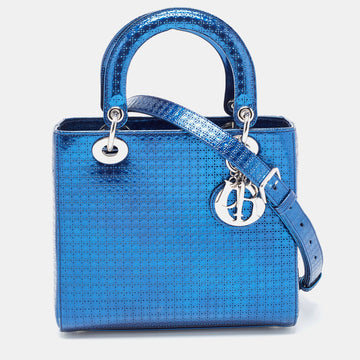 DIOR Metallic Blue Microcannage Patent Leather Medium Lady  Tote