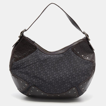 DKNY Brown/Grey Leather and Canvas Studded Hobo