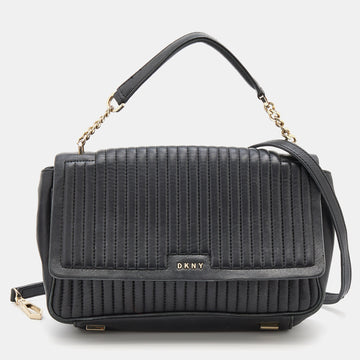 DKNY Black Pinstripe Quilted Leather Gansevoort Flap Top Handle Bag