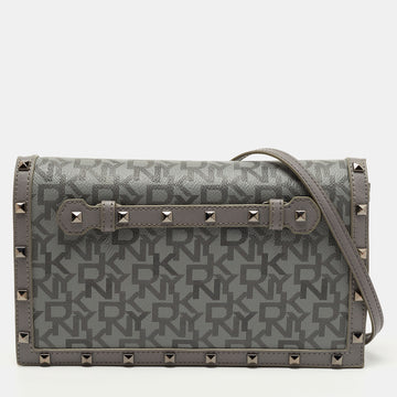 DKNY Grey Signature Coated Canvas Studded Flap Shoulder Bag