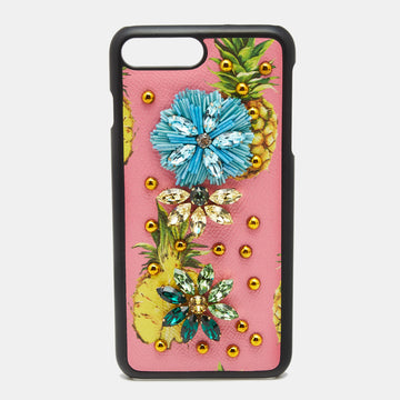 DOLCE & GABBANA Pink Fruit Print Leather Crystal Embellished iPhone 7 Plus Case