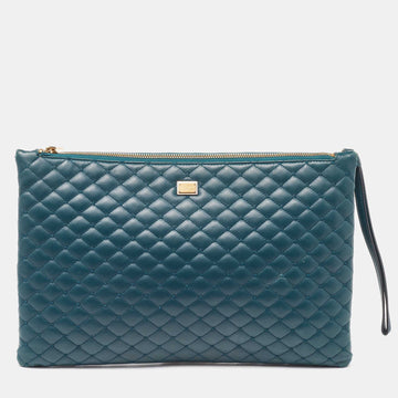 DOLCE & GABBANA Green Quilted Leather Laptop Wristlet Case