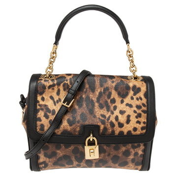 Dolce & Gabbana Black/Brown Leopard Print Coated Canvas And Leather Padlock Shoulder Bag