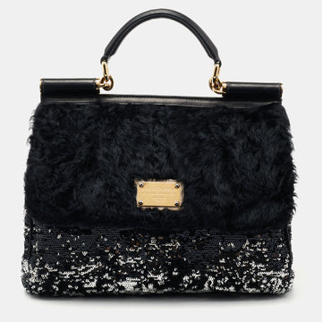 Dolce & Gabbana Black/Silver Sequin  Leather and Shearling Miss Sicily Top Handle Bag