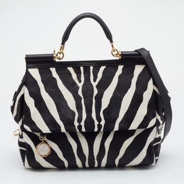 Dolce & Gabbana Black/White Zebra Print Calf Hair And Leather Large Miss Sicily Top Handle Bag