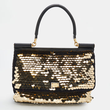 Dolce & Gabbana Black/Gold Sequin And Woven Fabric Miss Sicily Top Handle Bag